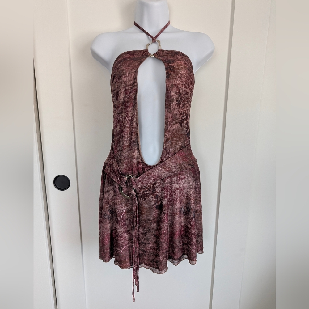 Plum Halter Mini Dress with Front Keyhole and Tie Waist